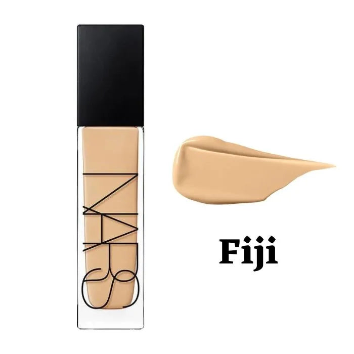 NARS foundation bottle with applicator and 'Fiji' color swatch on a white background